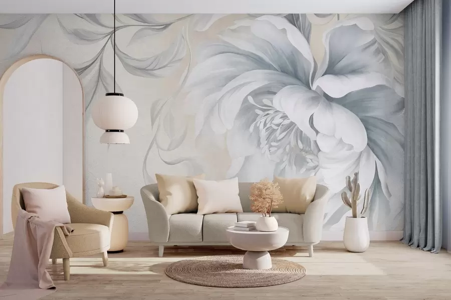 wall murals Велики, текстурирани божур са нежним латицама и сивим листовима, осликан у меком стилу w09647