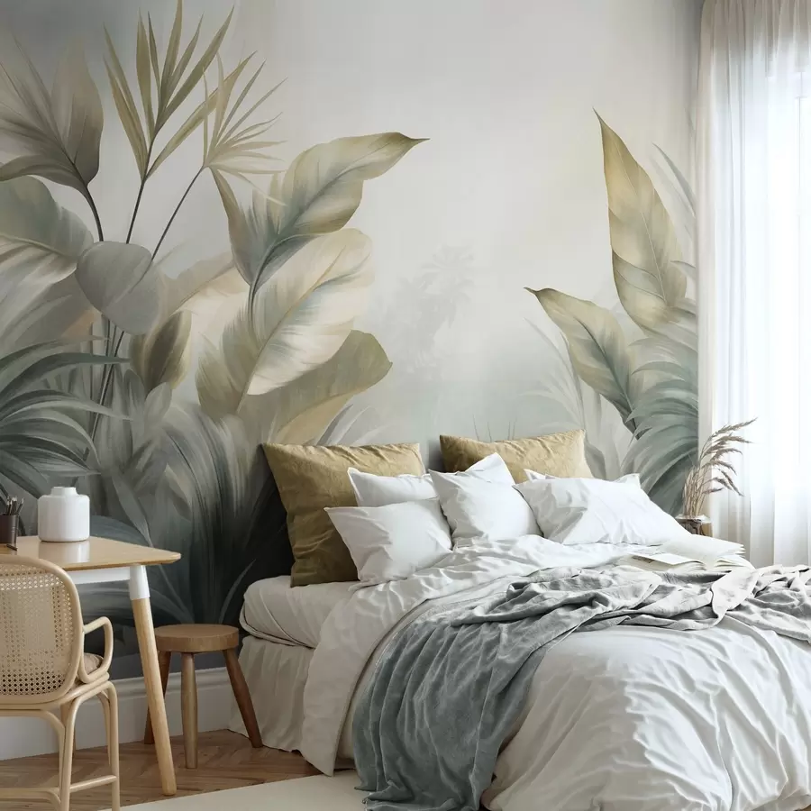 wall murals Велики, текстурирани тропски листови у пригушеним зеленим и беж тоновима, окружење џунгле w09820
