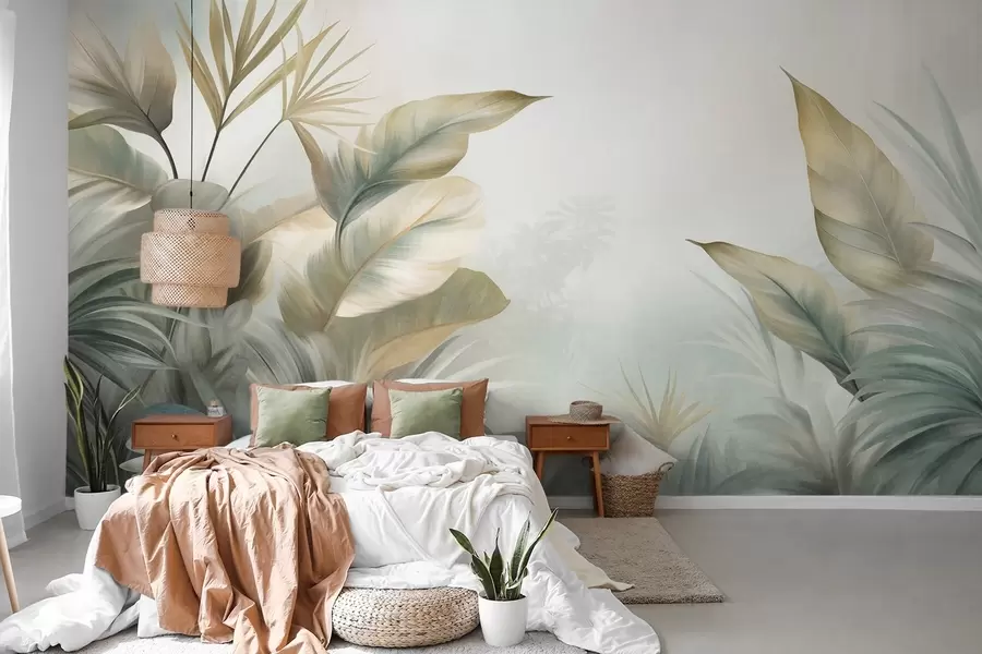wall murals Велики, текстурирани тропски листови у пригушеним зеленим и беж тоновима, окружење џунгле w09820