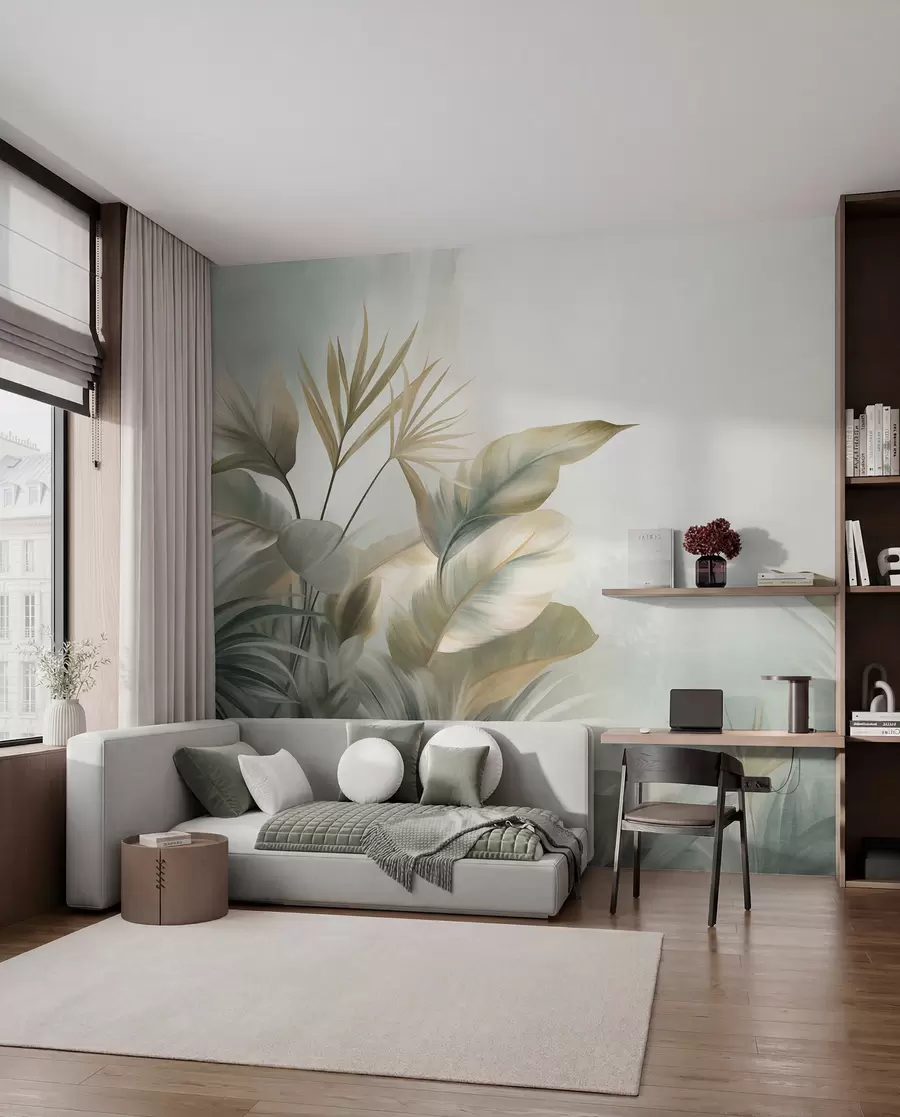 wall murals Велики, текстурирани тропски листови у пригушеним зеленим и беж тоновима, окружење џунгле w09820