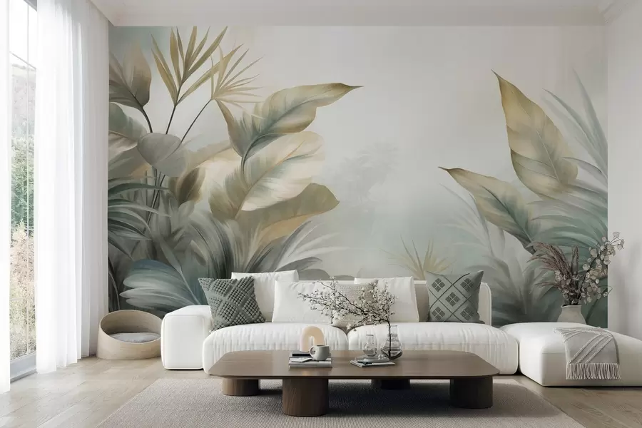 wall murals Велики, текстурирани тропски листови у пригушеним зеленим и беж тоновима, окружење џунгле w09820