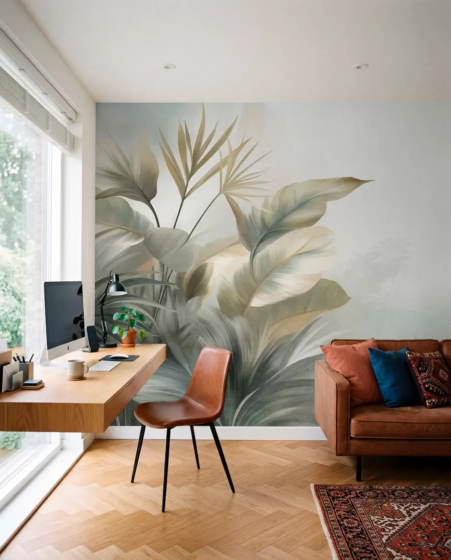 wall murals Велики, текстурирани тропски листови у пригушеним зеленим и беж тоновима, окружење џунгле w09820