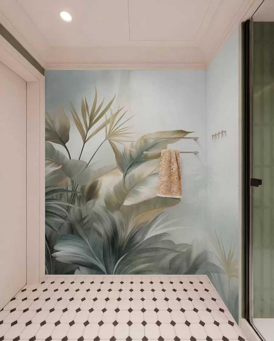 wall murals Велики, текстурирани тропски листови у пригушеним зеленим и беж тоновима, окружење џунгле w09820