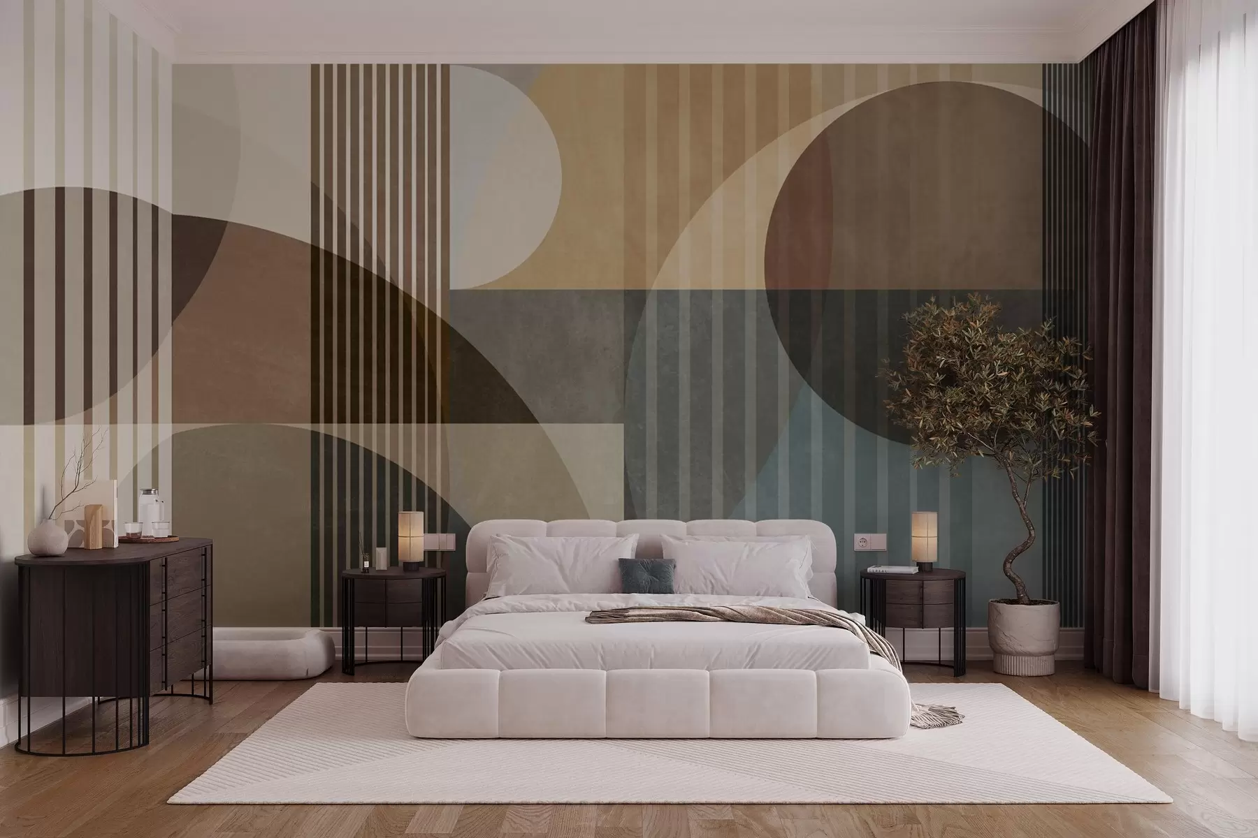 wall murals Апстрактни геометријски облици са круговима и линијама, пригушени земљани тонови, текстурирана, слојевита композиција w09834