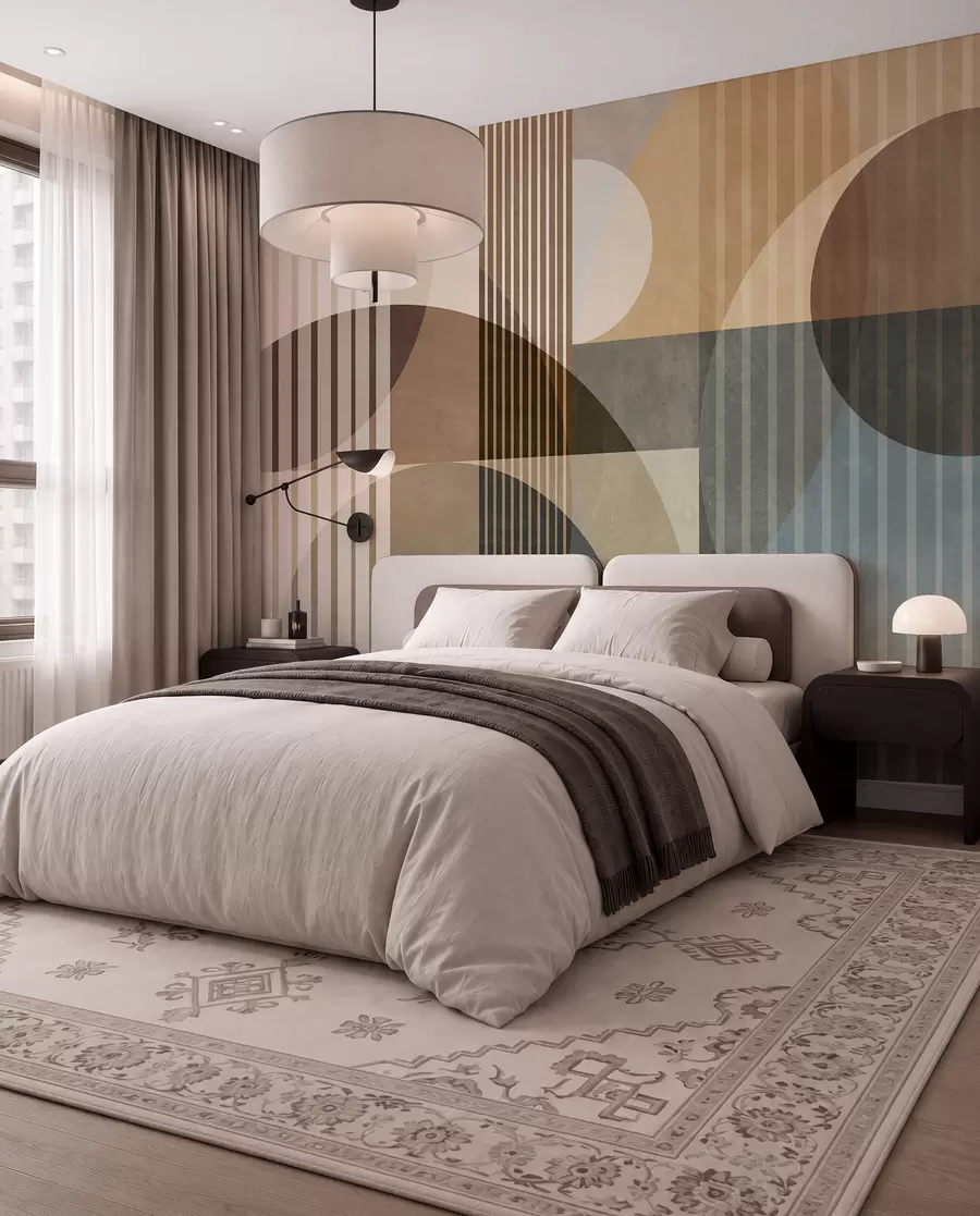wall murals Апстрактни геометријски облици са круговима и линијама, пригушени земљани тонови, текстурирана, слојевита композиција w09834