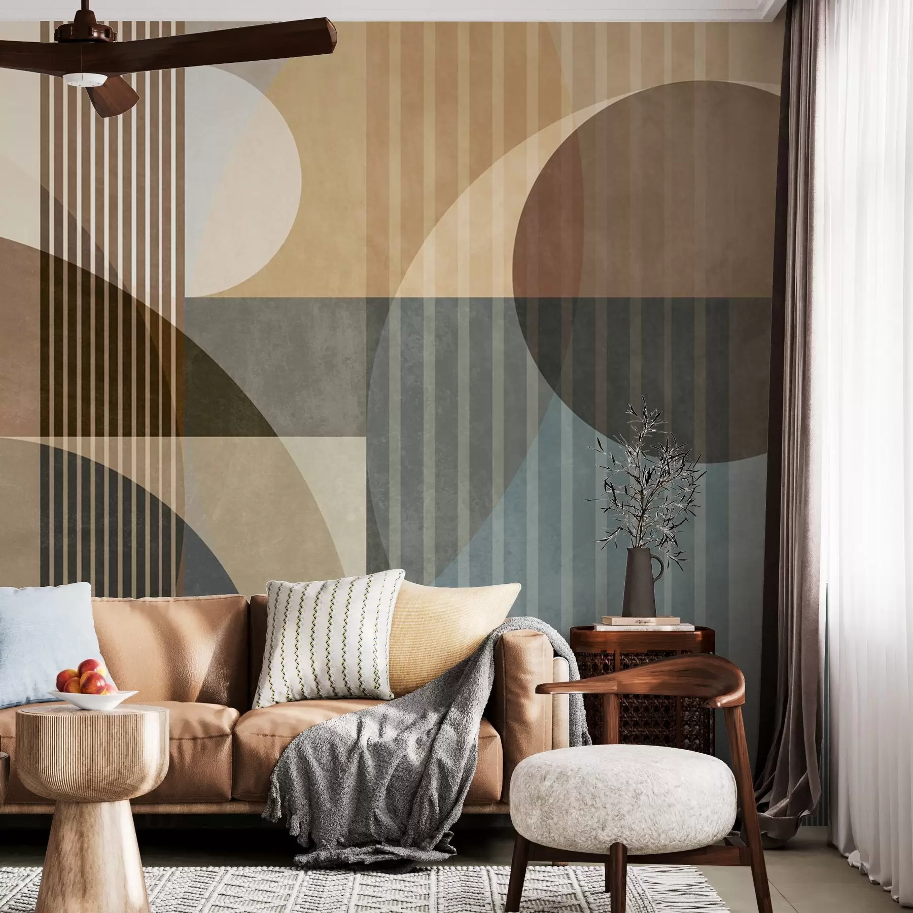 wall murals Апстрактни геометријски облици са круговима и линијама, пригушени земљани тонови, текстурирана, слојевита композиција w09834