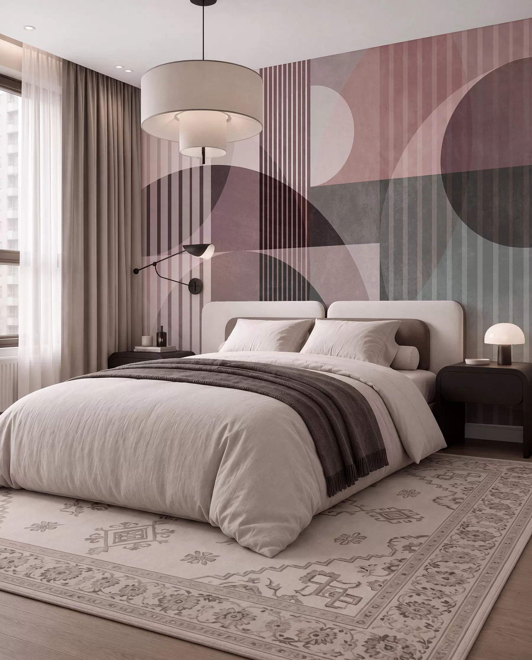 wall murals Апстрактни геометријски облици са круговима и линијама, пригушени тонови, текстурирана, слојевита композиција w09834v1