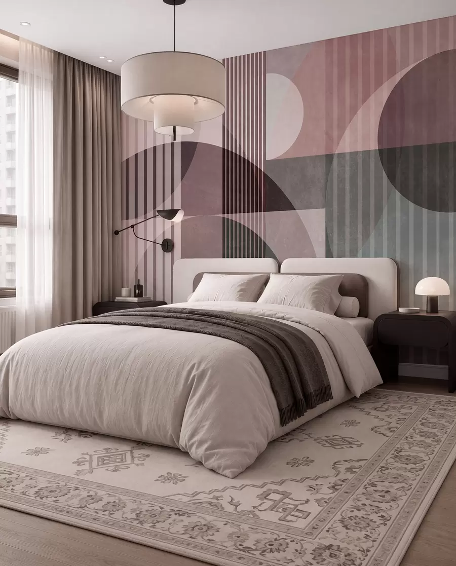 wall murals Апстрактни геометријски облици са круговима и линијама, пригушени тонови, текстурирана, слојевита композиција w09834v1