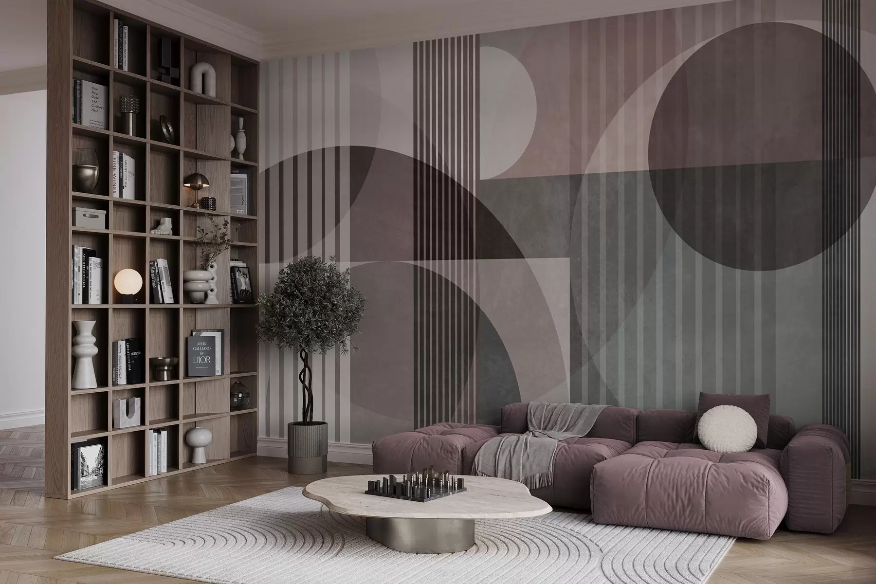wall murals Апстрактни геометријски облици са круговима и линијама, пригушени тонови, текстурирана, слојевита композиција w09834v1