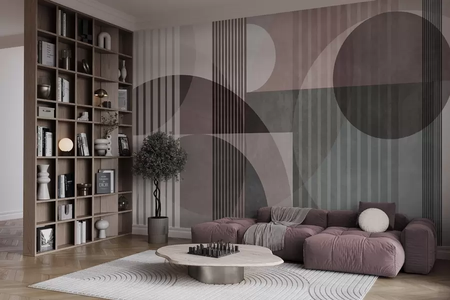 wall murals Апстрактни геометријски облици са круговима и линијама, пригушени тонови, текстурирана, слојевита композиција w09834v1