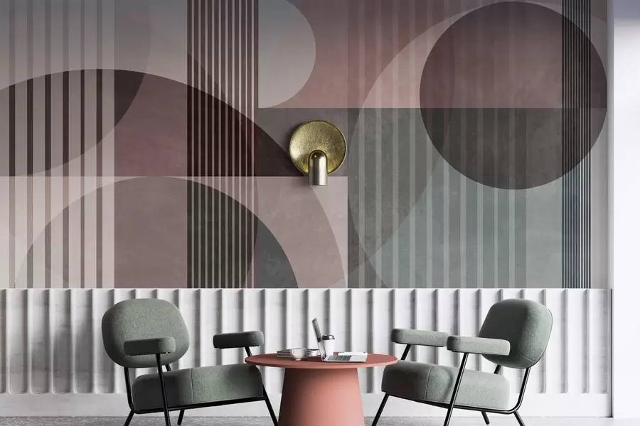 wall murals Апстрактни геометријски облици са круговима и линијама, пригушени тонови, текстурирана, слојевита композиција w09834v1