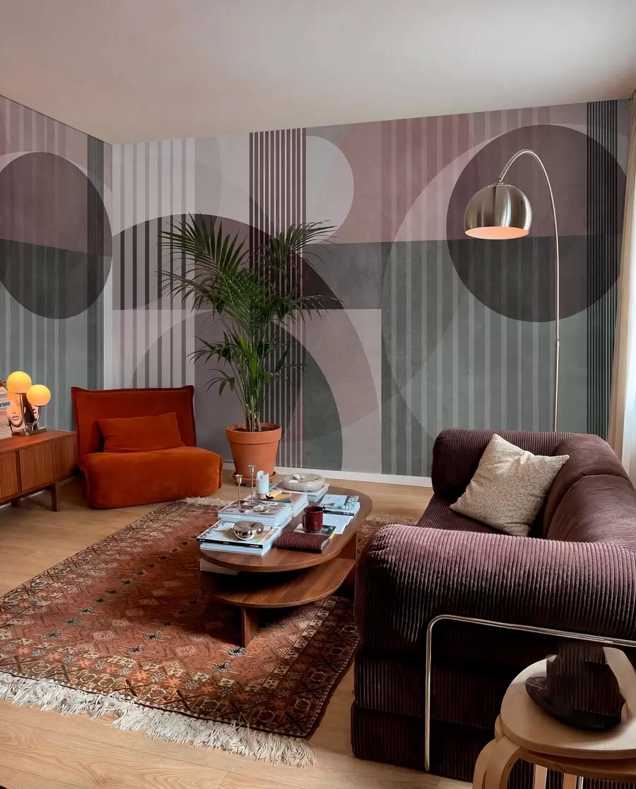wall murals Апстрактни геометријски облици са круговима и линијама, пригушени тонови, текстурирана, слојевита композиција w09834v1