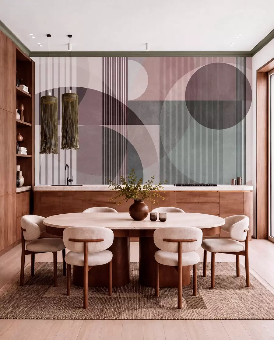 wall murals Апстрактни геометријски облици са круговима и линијама, пригушени тонови, текстурирана, слојевита композиција w09834v1