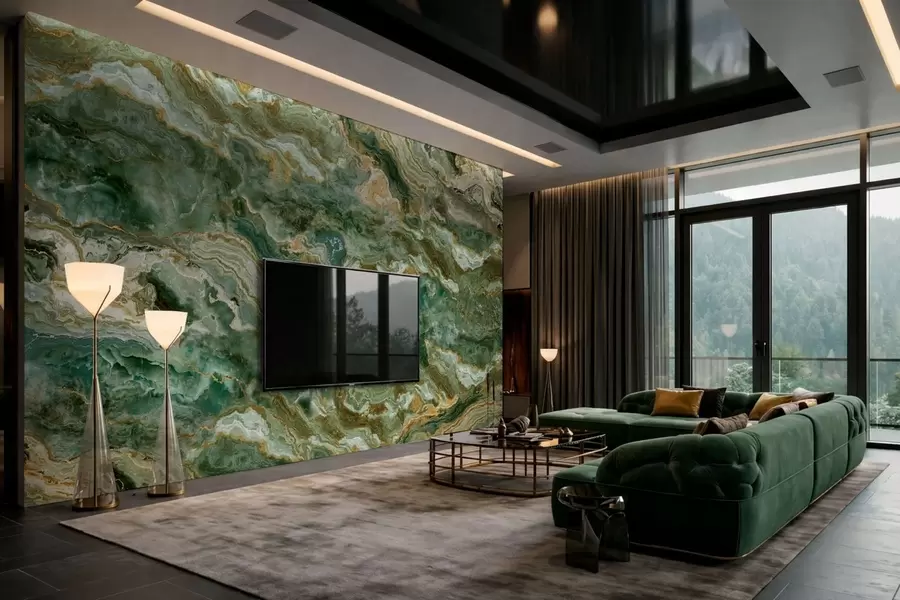 wall murals Текстура зеленог оникса са текућим слојевитим жилама w05429