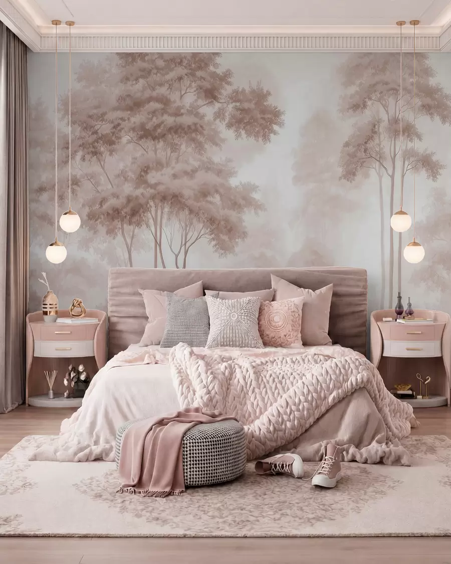 wall murals Апстрактни шумски пејзаж у димљеним беж тоновима са осећајем дубине w09657