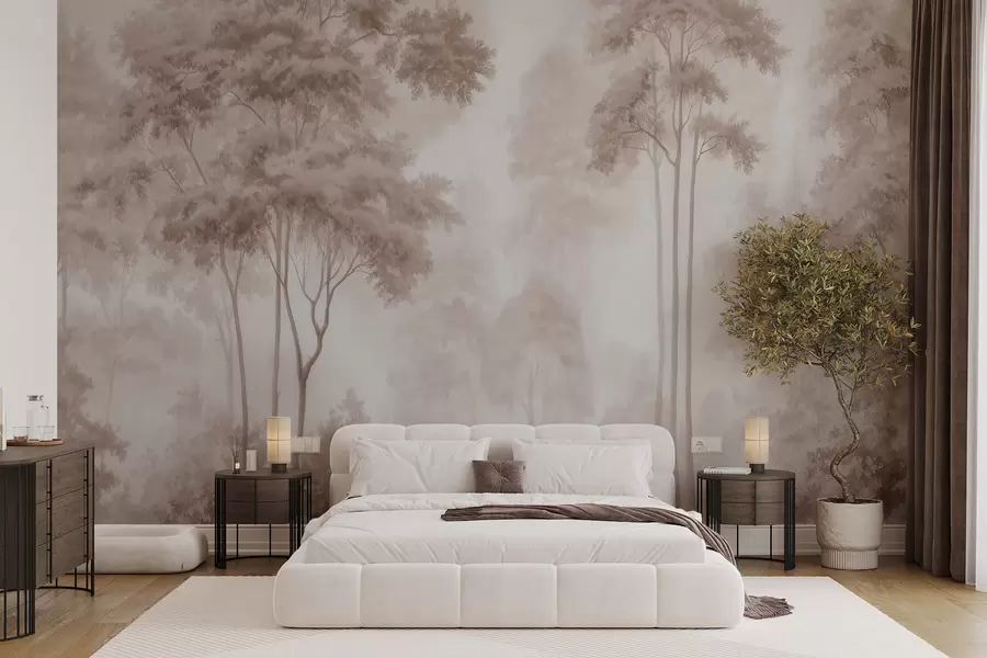 wall murals Апстрактни шумски пејзаж у димљеним беж тоновима са осећајем дубине w09657