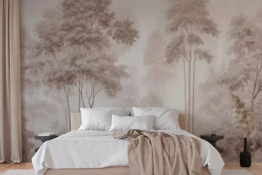 wall murals Апстрактни шумски пејзаж у димљеним беж тоновима са осећајем дубине w09657