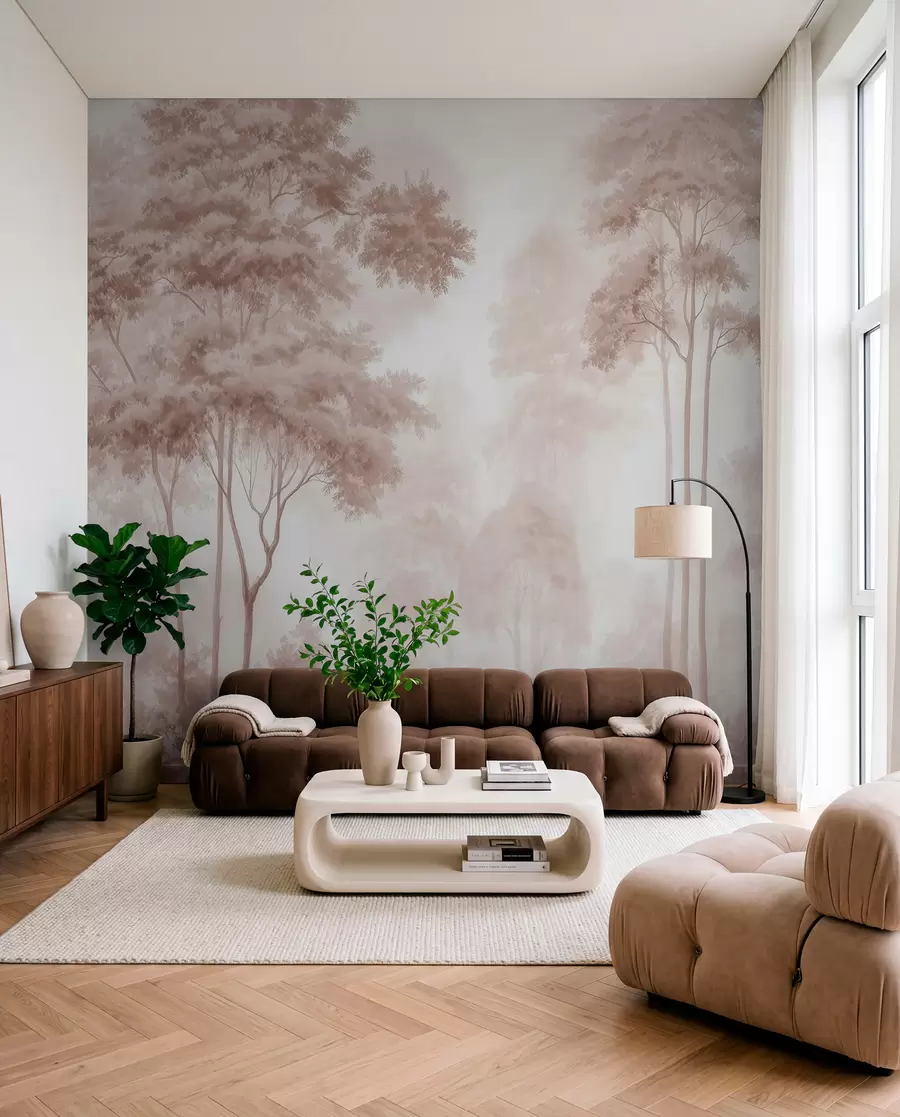 wall murals Апстрактни шумски пејзаж у димљеним беж тоновима са осећајем дубине w09657