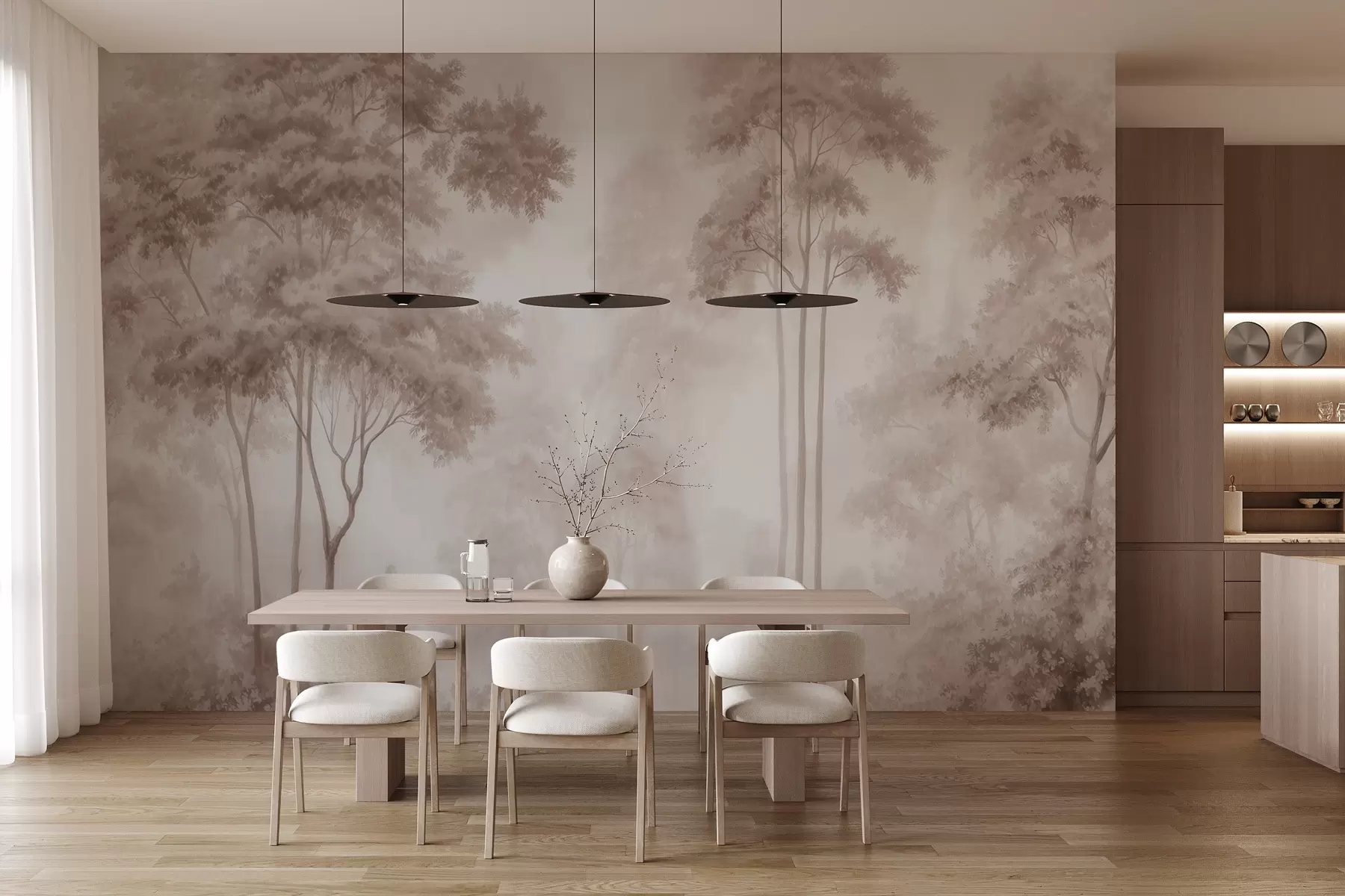 wall murals Апстрактни шумски пејзаж у димљеним беж тоновима са осећајем дубине w09657