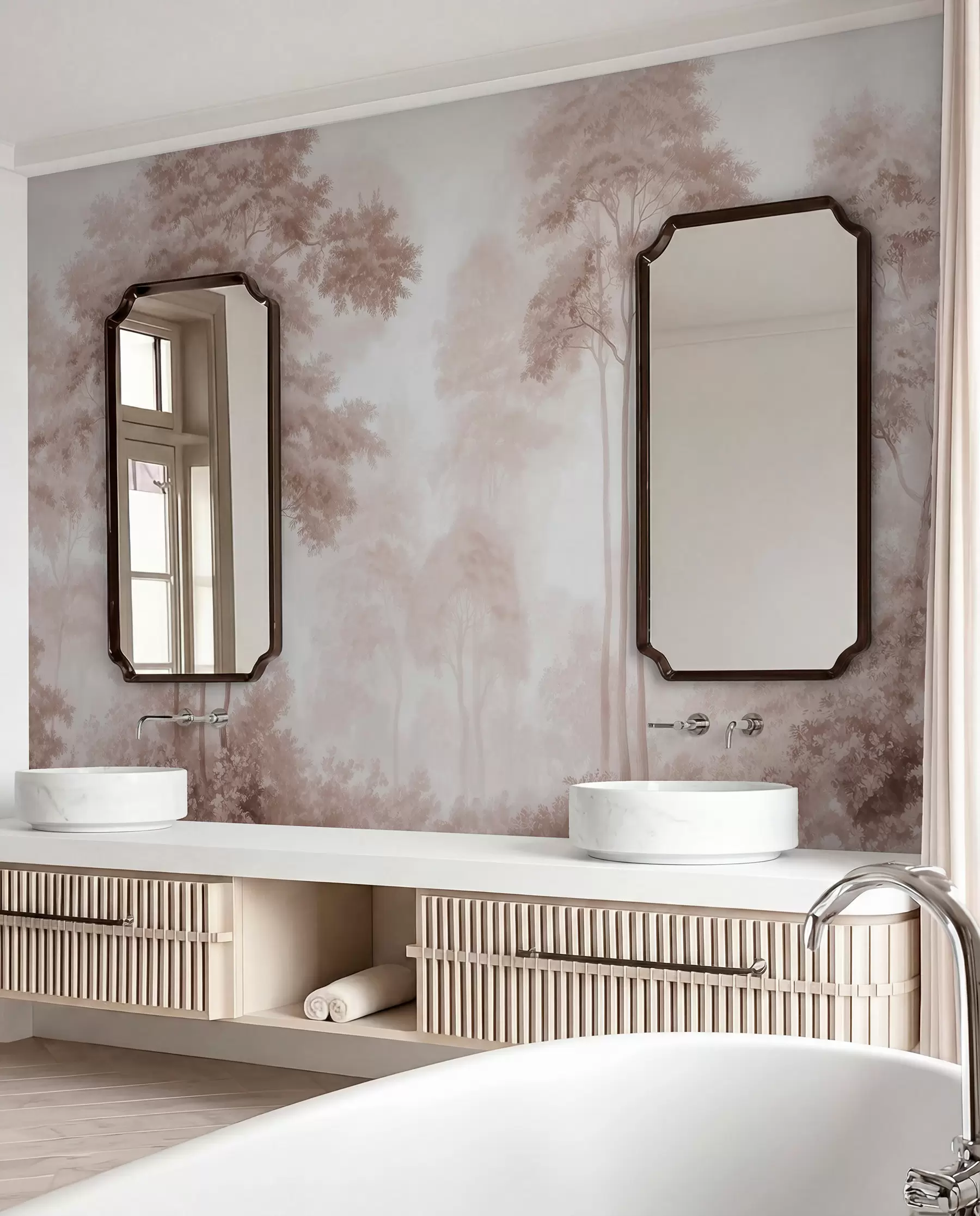 wall murals Апстрактни шумски пејзаж у димљеним беж тоновима са осећајем дубине w09657