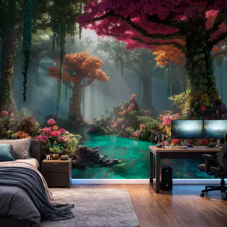 wall murals Пиксел зачарани шумски гај инспирисан видео играма w09683