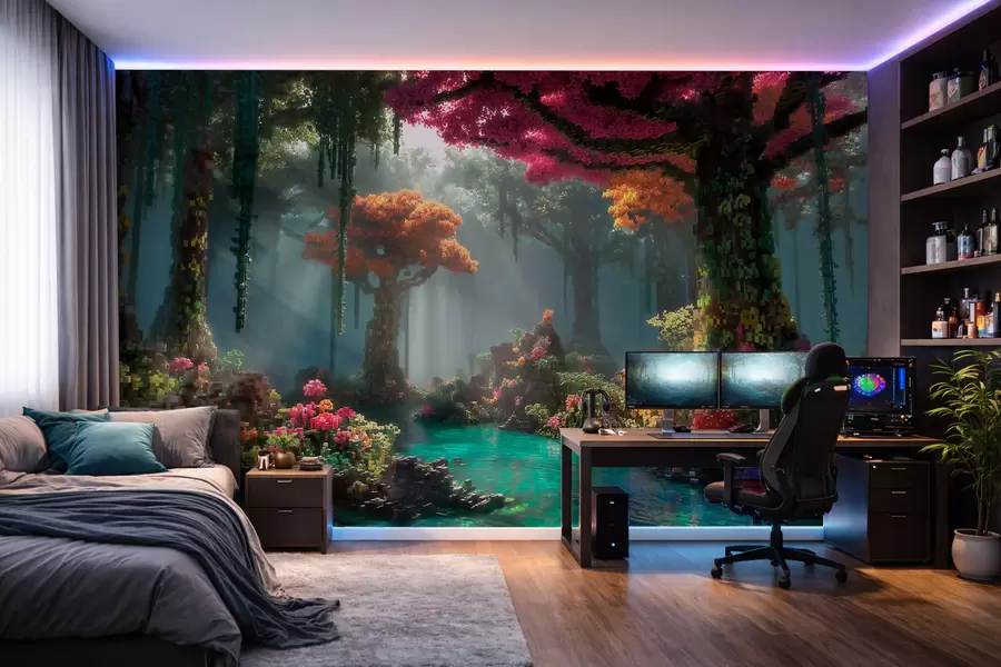 wall murals Пиксел зачарани шумски гај инспирисан видео играма w09683