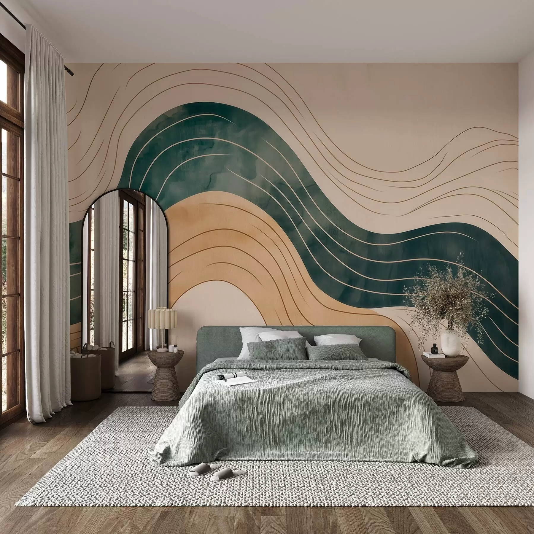 wall murals Апстрактне таласасте линије у природним тоновима песка и смарагда w09732