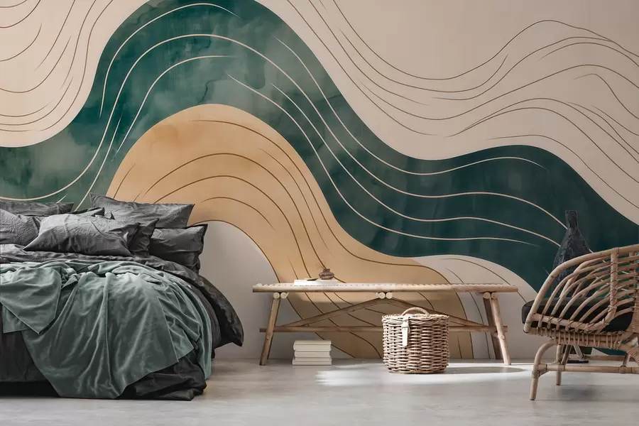 wall murals Апстрактне таласасте линије у природним тоновима песка и смарагда w09732