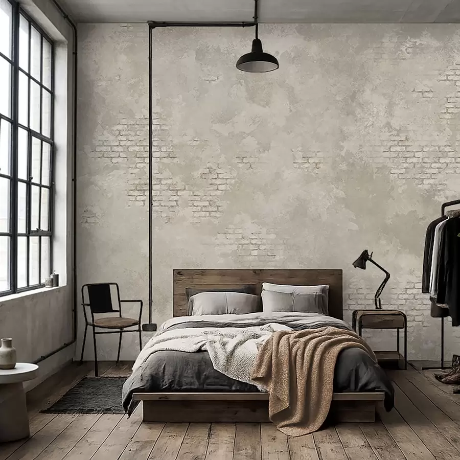 wall murals Гранџ светли малтер са видљивим цигланим мрљама w05161v1