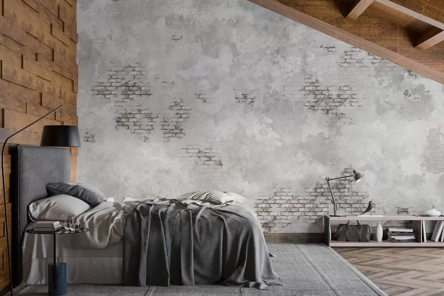 wall murals Грунг сиви малтер са видљивим цигланим мрљама w05161v2