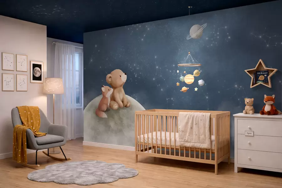 wall murals Пастелна илустрација медведа и лисице ноћно небо w05431