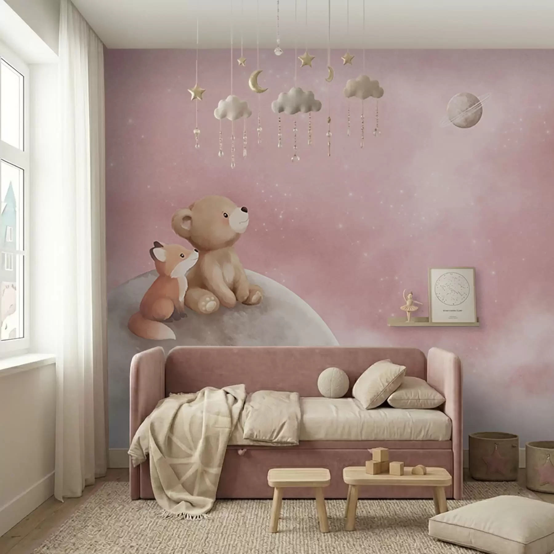 wall murals Пастелна илустрација медведа и лисице на ружичастом небу са месецом w05431v2