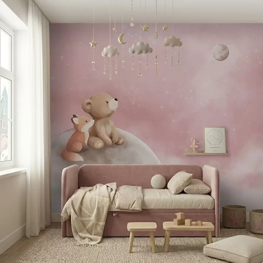 wall murals Пастелна илустрација медведа и лисице на ружичастом небу са месецом w05431v2