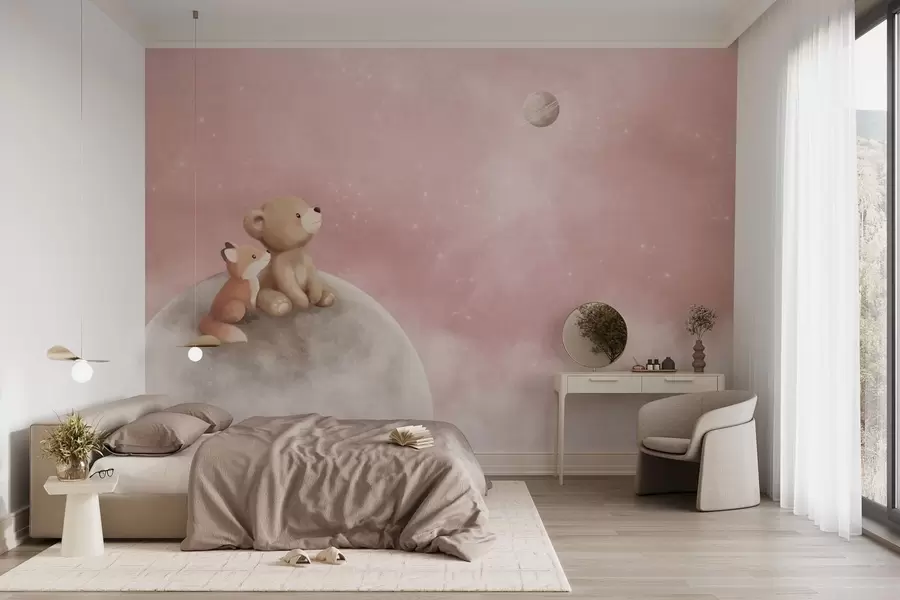 wall murals Пастелна илустрација медведа и лисице на ружичастом небу са месецом w05431v2
