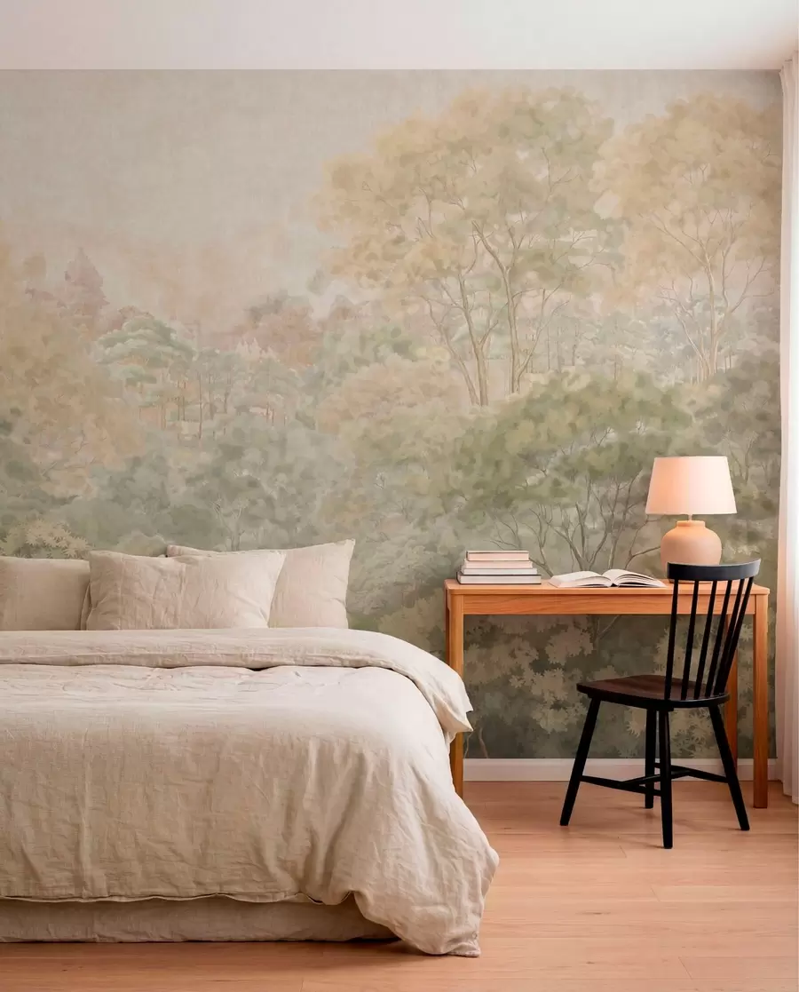 wall murals Винтажни шумски пејзаж у пригушеним зеленим тоновима w05433