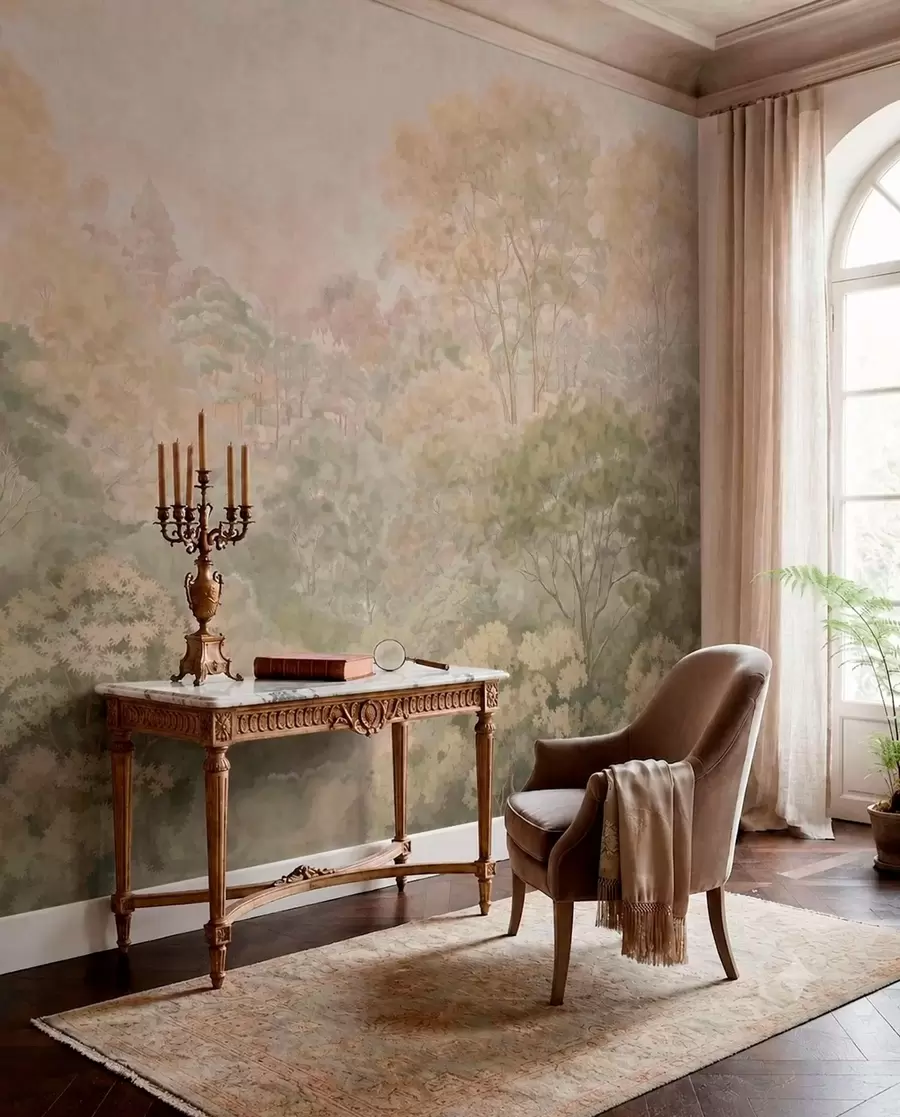 wall murals Винтажни шумски пејзаж у пригушеним зеленим тоновима w05433