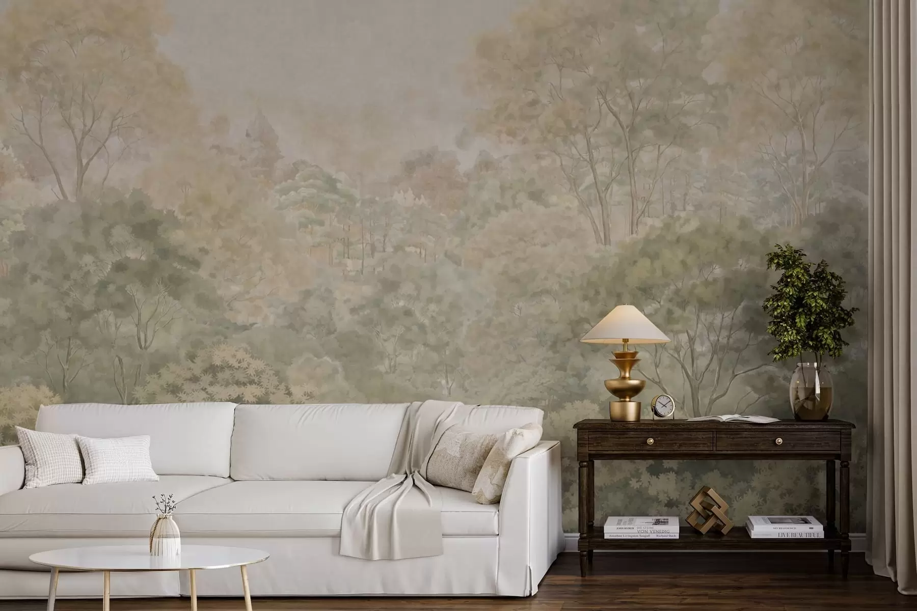 wall murals Винтажни шумски пејзаж у пригушеним зеленим тоновима w05433