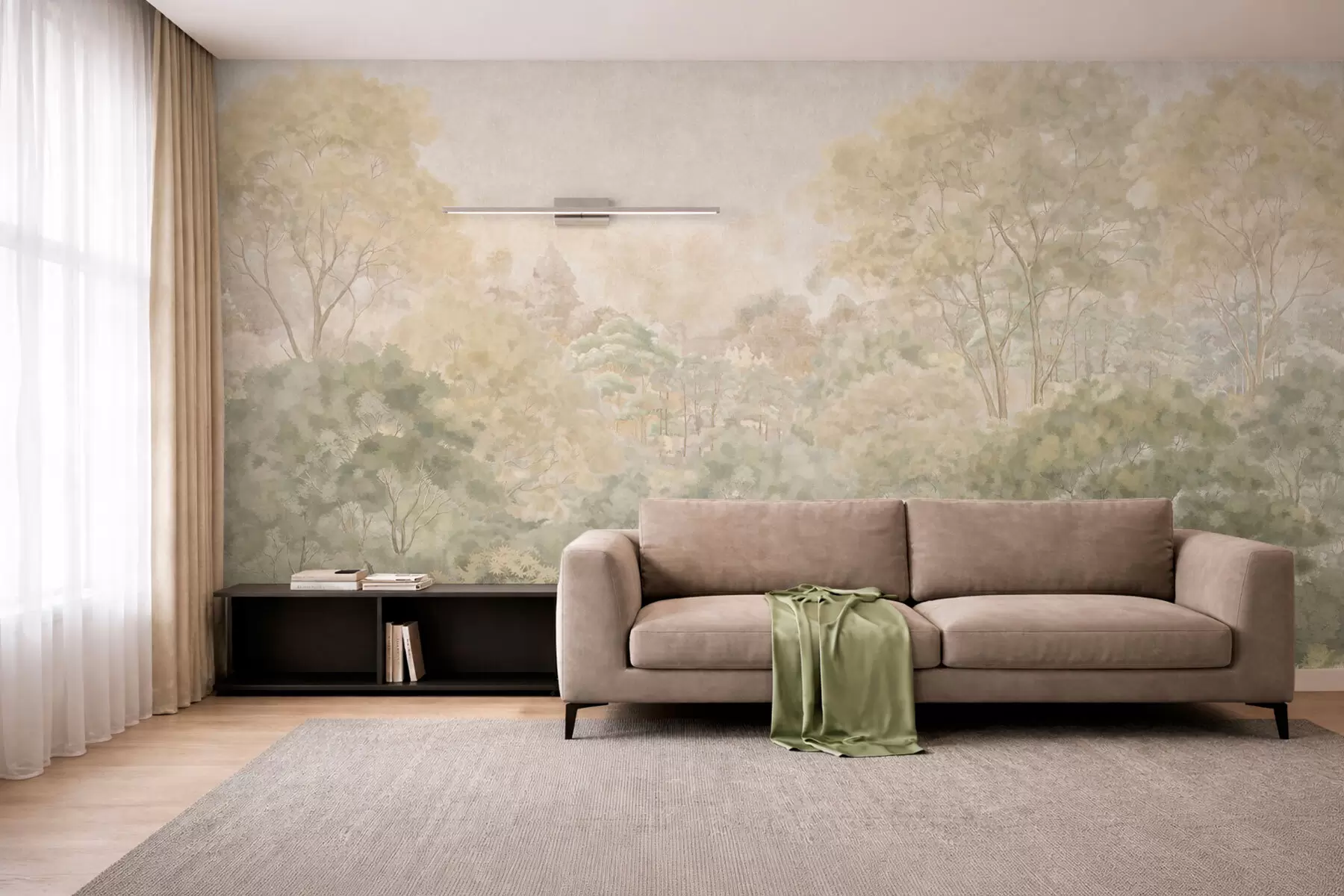 wall murals Винтажни шумски пејзаж у пригушеним зеленим тоновима w05433
