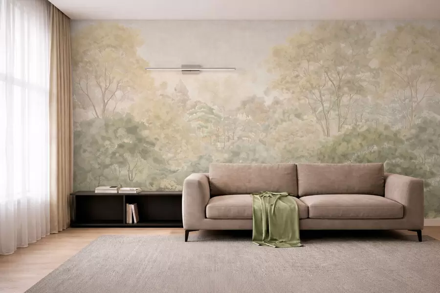 wall murals Винтажни шумски пејзаж у пригушеним зеленим тоновима w05433