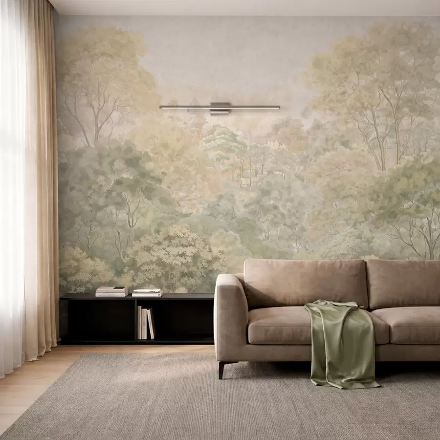 wall murals Винтажни шумски пејзаж у пригушеним зеленим тоновима w05433