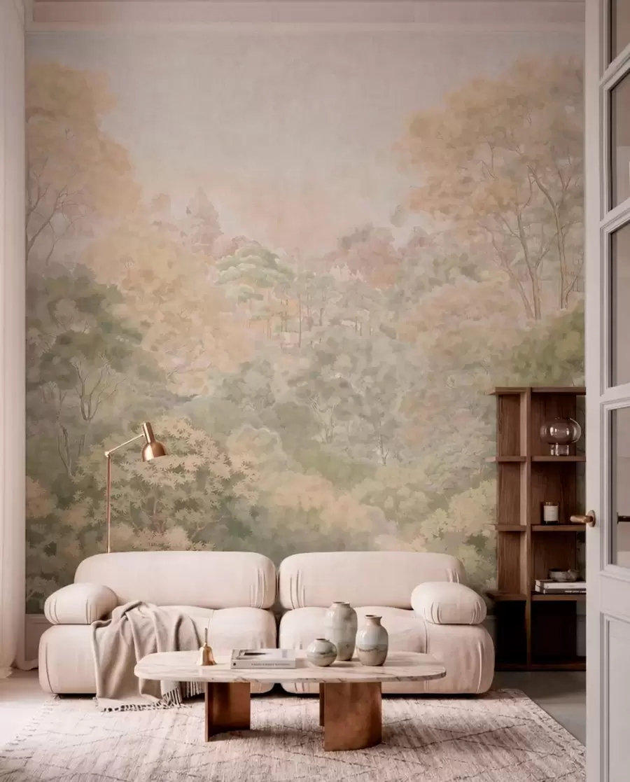 wall murals Винтажни шумски пејзаж у пригушеним зеленим тоновима w05433