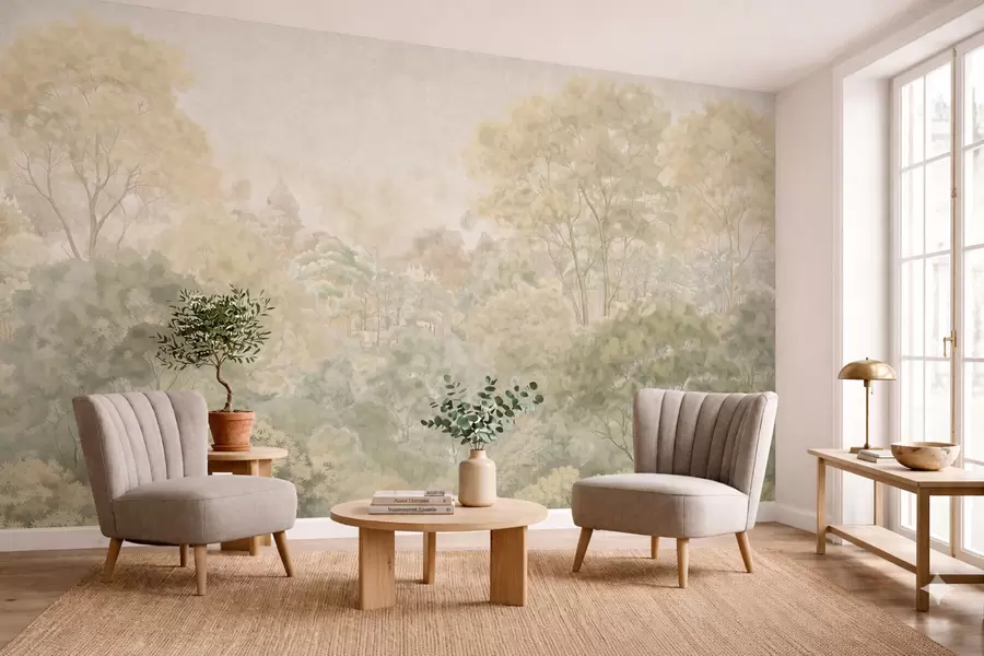 wall murals Винтажни шумски пејзаж у пригушеним зеленим тоновима w05433