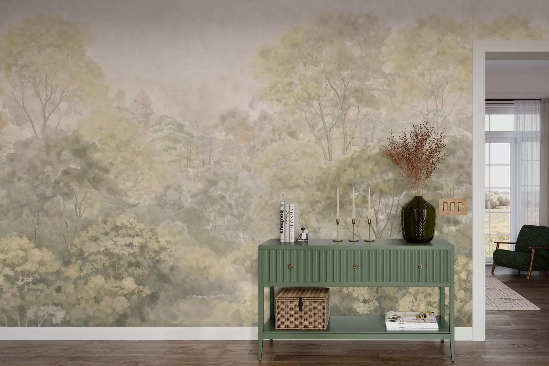 wall murals Винтажни шумски пејзаж у пригушеним зеленим тоновима w05433