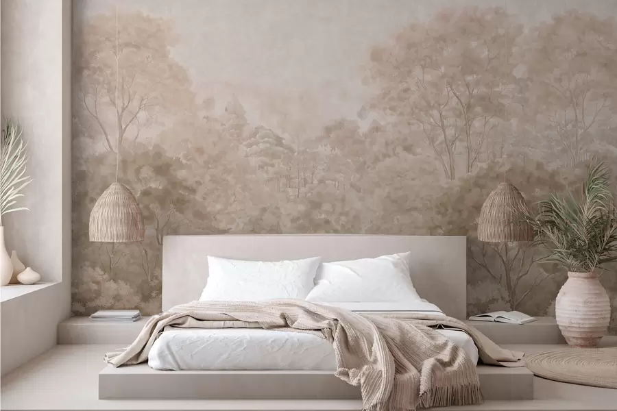wall murals Винтажни шумски пејзаж у топлим беж тоновима w05433v1