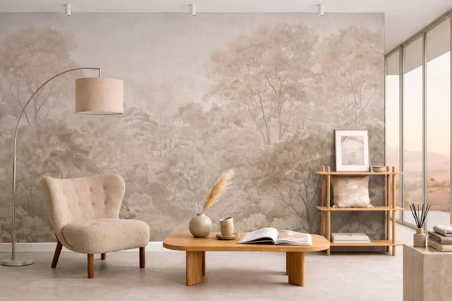 wall murals Винтажни шумски пејзаж у топлим беж тоновима w05433v1