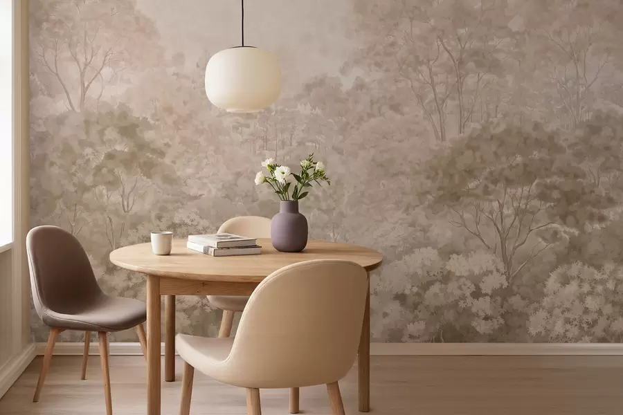 wall murals Винтажни шумски пејзаж у топлим беж тоновима w05433v1