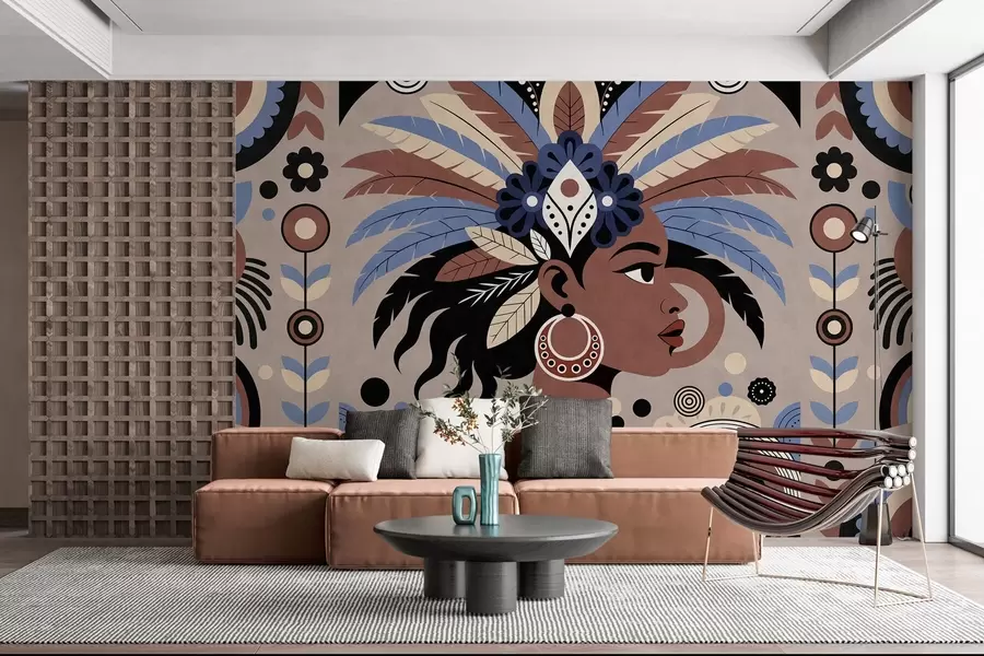 wall murals стилски дизајн инспирисан Африком у нијансама плаве и чоколаде w05389