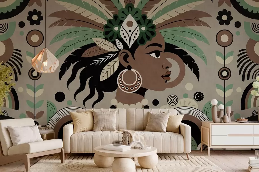 wall murals стилски дизајн инспирисан Африком у нијансама зелене, браон и беж w05389v1