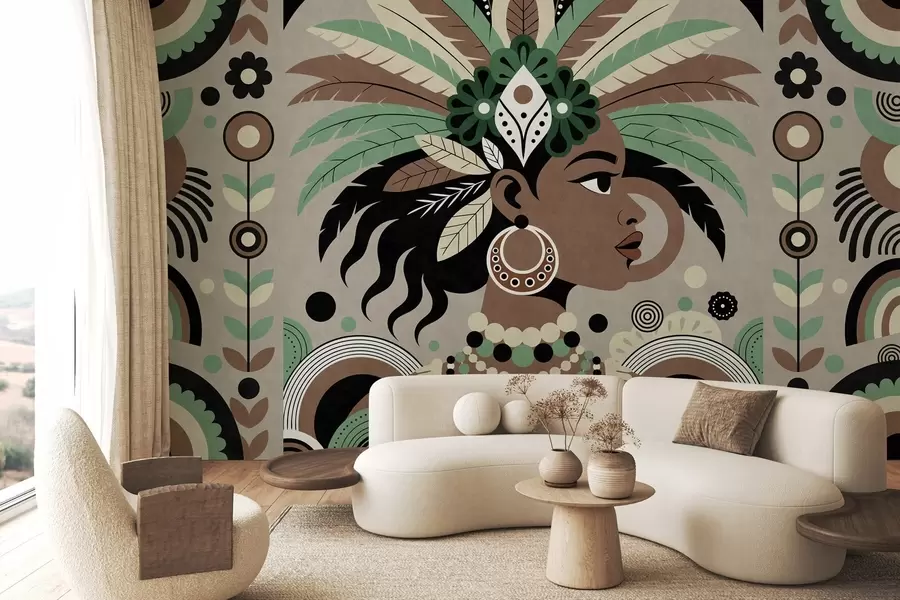 wall murals стилски дизајн инспирисан Африком у нијансама зелене, браон и беж w05389v1