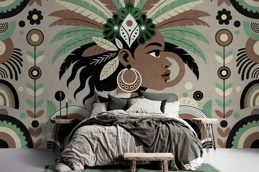wall murals стилски дизајн инспирисан Африком у нијансама зелене, браон и беж w05389v1